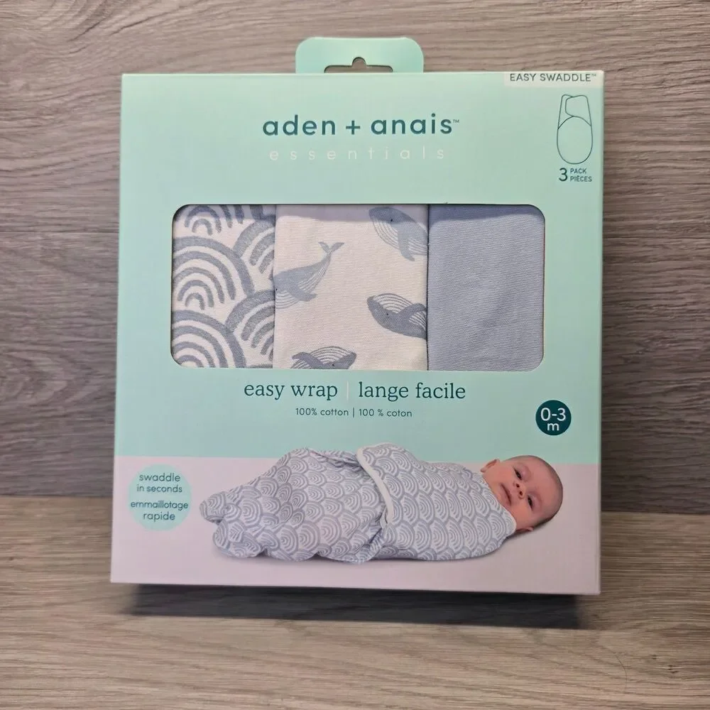 Aden Anais Essentials Easy Wrap Swaddle 3-Pack Ocean Blue Whale Rainbow 0-3M